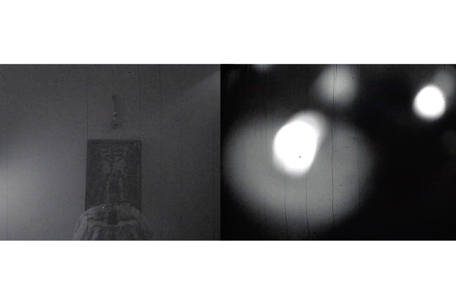 Two black-and-white film stills side by side: a dim room with a framed icon on the wall, and blurred orbs of light