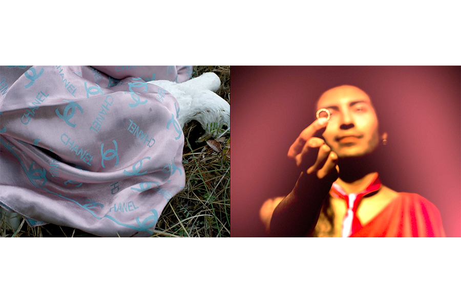 Two film stills side by side: a pink Chanel-print scarf draped over a white bird in the grass, and a person in red holding a ring up to one eye